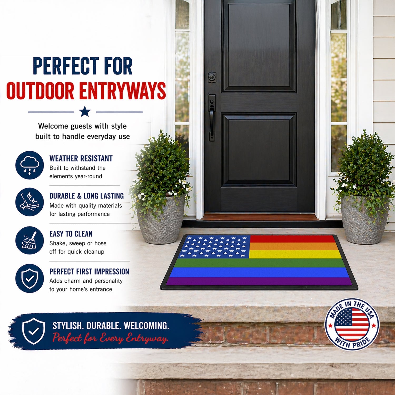 USA Gay Pride Doormat Indoor Outdoor 18H X 27W Front Door Mat Rugs for Entryway, Non Slip Washable