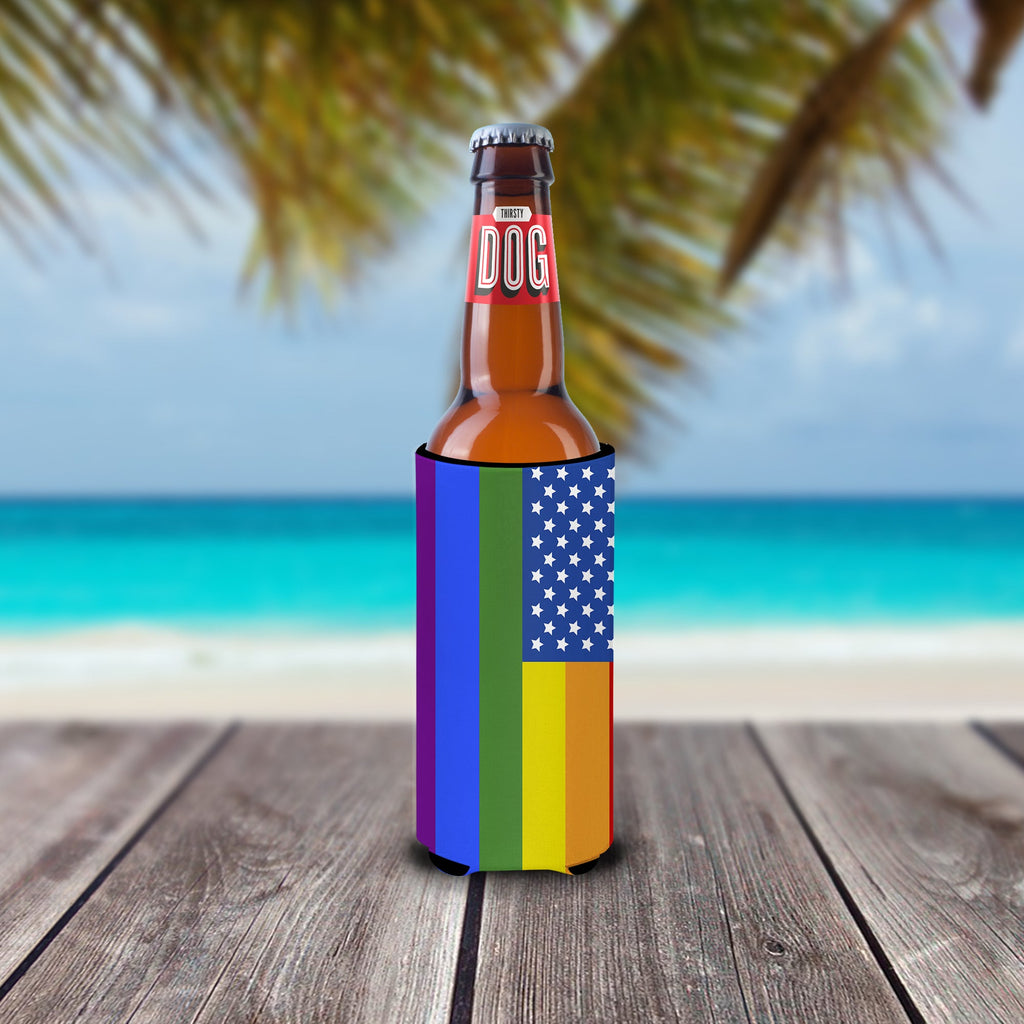 USA Gay Pride Slim Can Hugger , Insulated Foam Hugger for 12 oz Slim Cans, Beer Bottles & Water Bottles, Printed in USA
