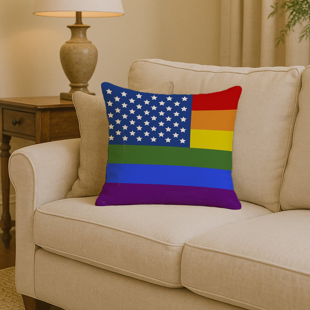 USA Gay Pride Decorative Throw Pillow 14x14 Indoor Outdoor Accent Cushion, Fabric Cover with Insert for Sofa, Bed, Porch & Living Room