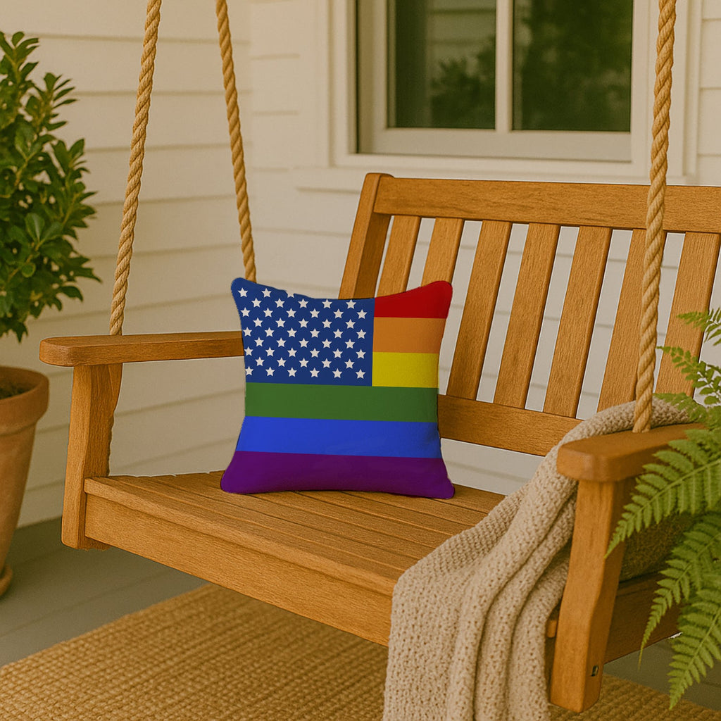 USA Gay Pride Decorative Throw Pillow 14x14 Indoor Outdoor Accent Cushion, Fabric Cover with Insert for Sofa, Bed, Porch & Living Room