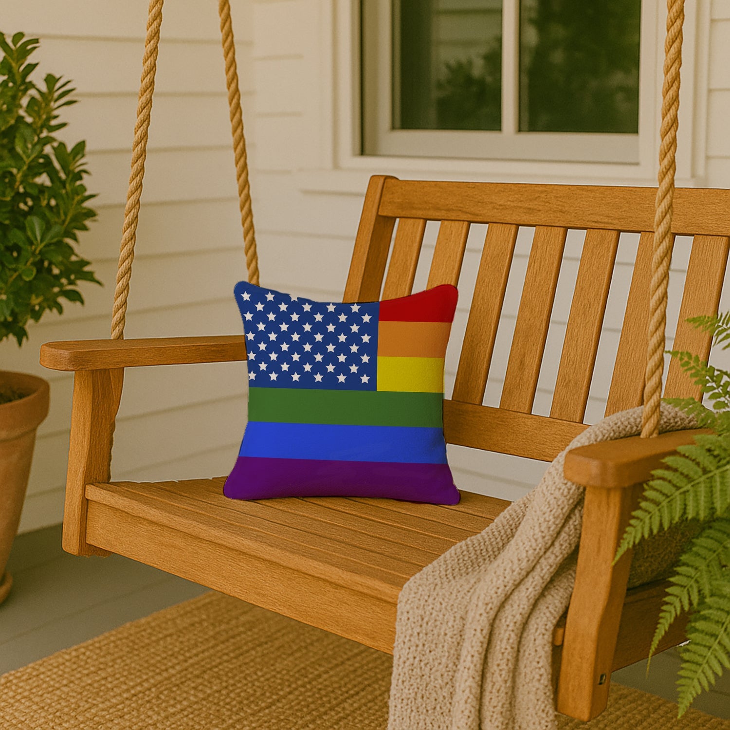 USA Gay Pride Decorative Throw Pillow 14x14 Indoor Outdoor Accent Cushion, Fabric Cover with Insert for Sofa, Bed, Porch & Living Room