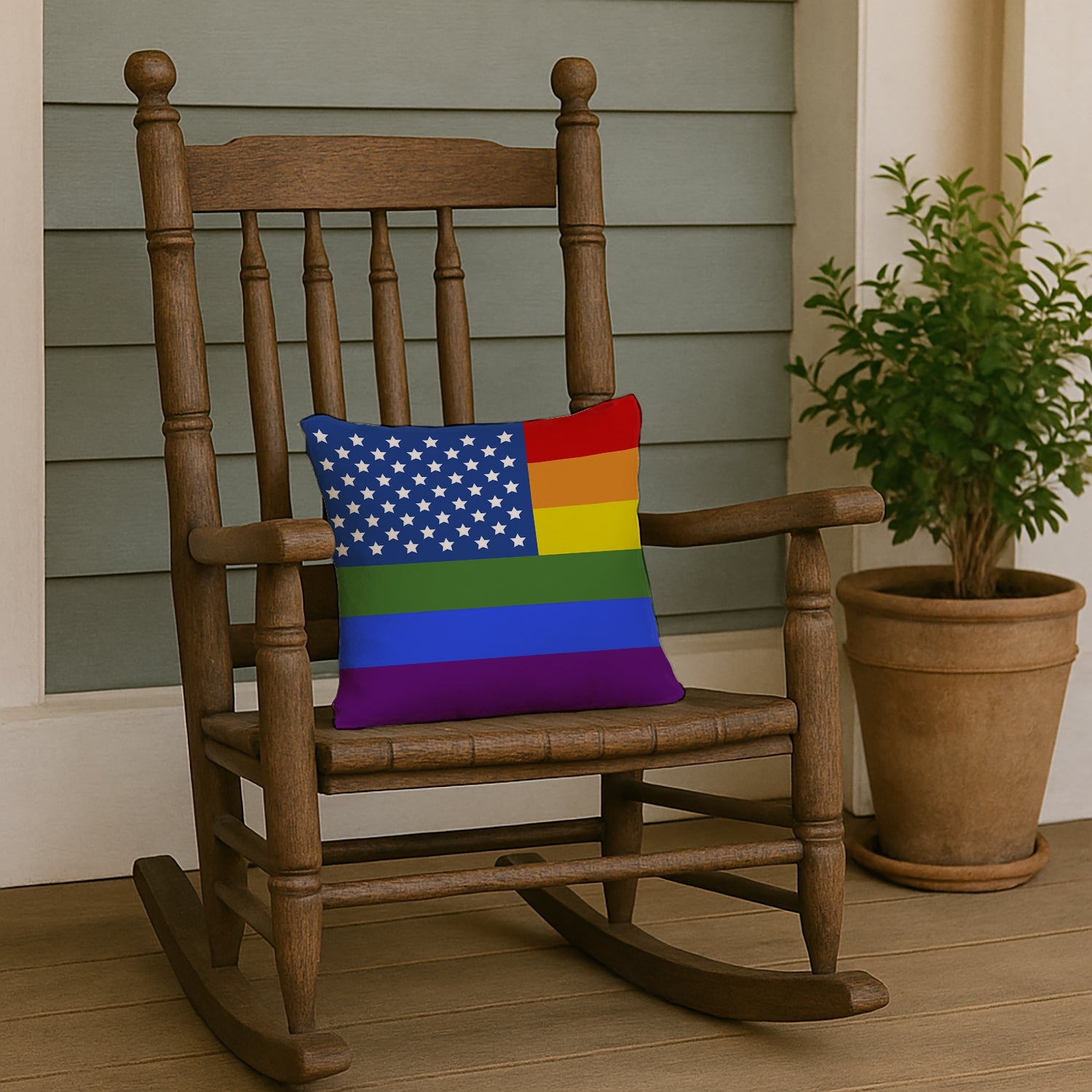 USA Gay Pride Decorative Throw Pillow 14x14 Indoor Outdoor Accent Cushion, Fabric Cover with Insert for Sofa, Bed, Porch & Living Room