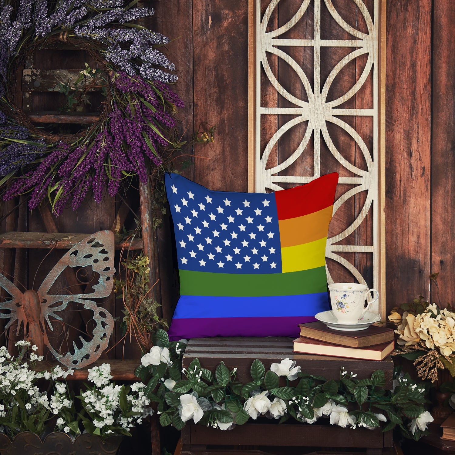 USA Gay Pride Decorative Throw Pillow 14x14 Indoor Outdoor Accent Cushion, Fabric Cover with Insert for Sofa, Bed, Porch & Living Room