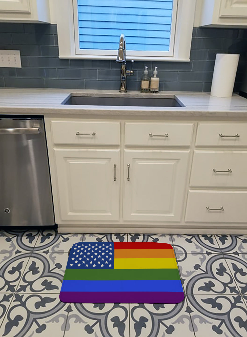 USA Gay Pride Memory Foam Kitchen Mat Machine Washable Anti-Fatigue Cushion Comfort Bath or Kitchen Rug
