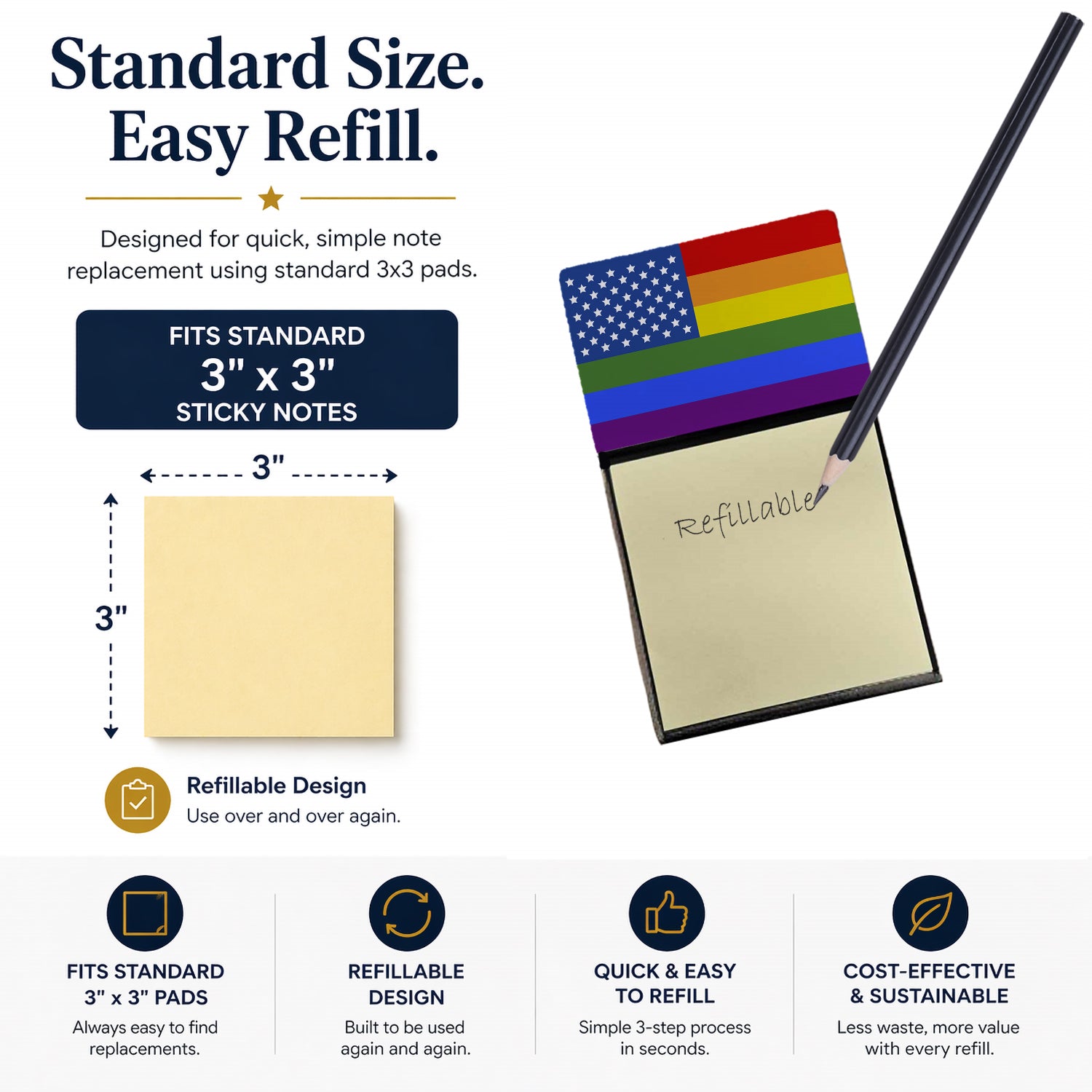 USA Gay Pride Watercolor Sticky Note Holder Refillable Dispenser Desk Accessory 3x3 Pad Gift