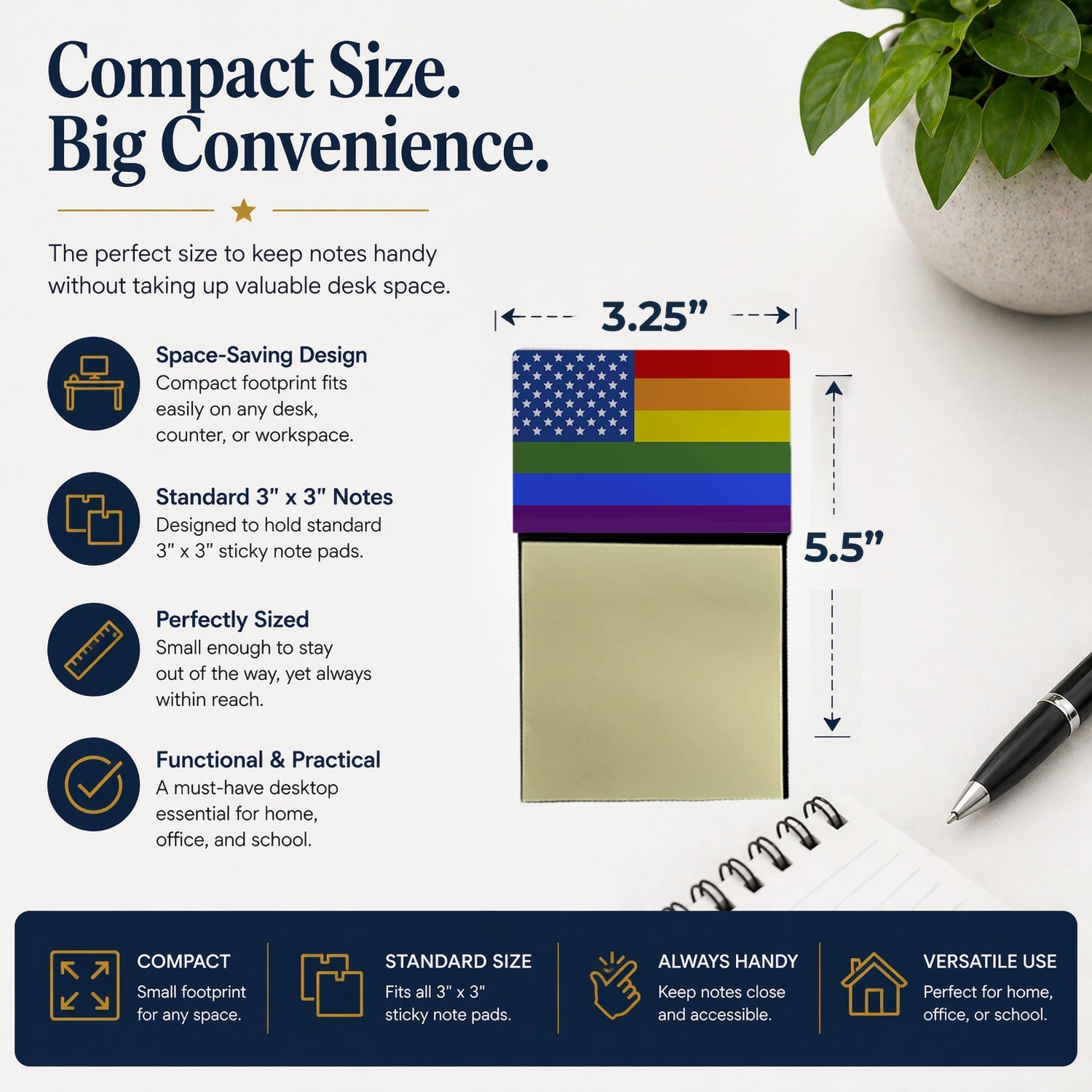 USA Gay Pride Watercolor Sticky Note Holder Refillable Dispenser Desk Accessory 3x3 Pad Gift