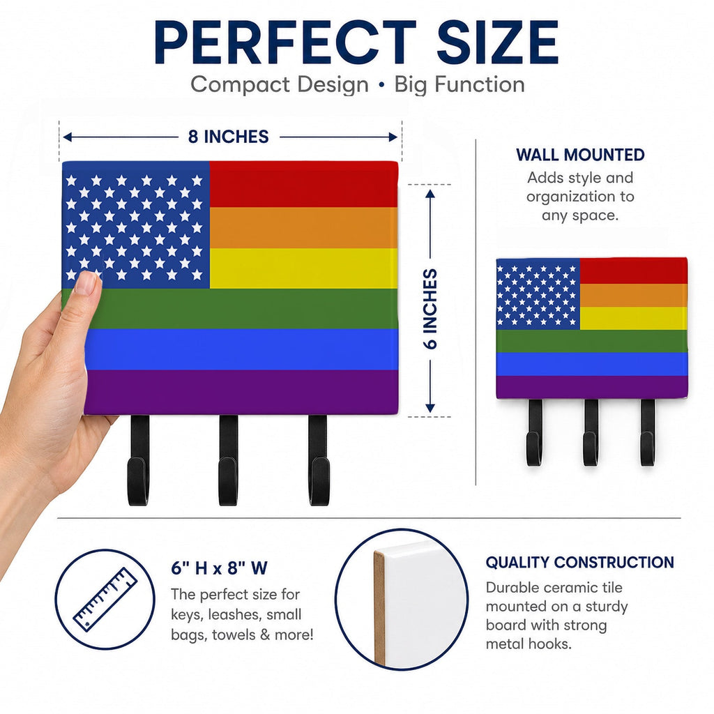 USA Gay Pride Leash or Key Holder Wall Hooks, Coat Rack Wall Mount, for Hanging Keys, Towels, Aprons, Leashes