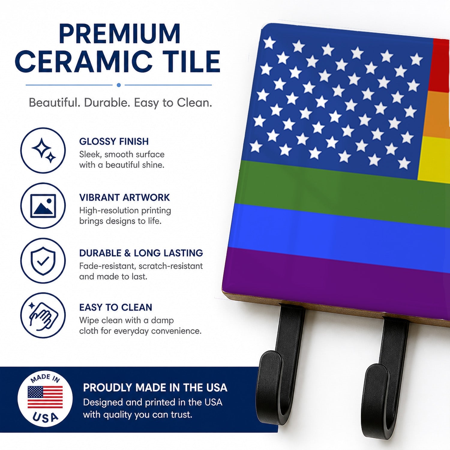 USA Gay Pride Leash or Key Holder Wall Hooks, Coat Rack Wall Mount, for Hanging Keys, Towels, Aprons, Leashes