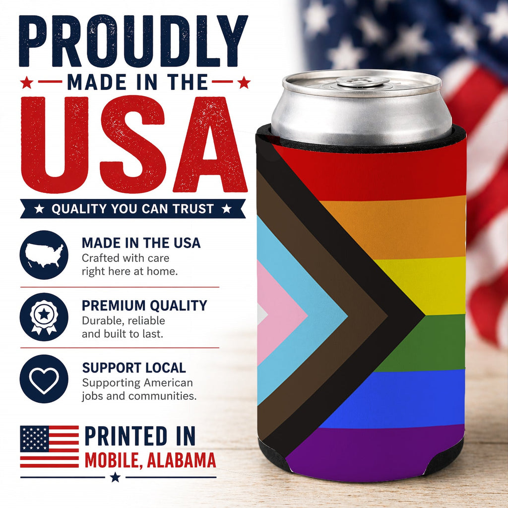 Gay Pride Progress Pride Can or Bottle Hugger Cooler Sleeve for Standard 12 oz Cans, Insulated Foam Beer & Soda Can Hugger Reusable