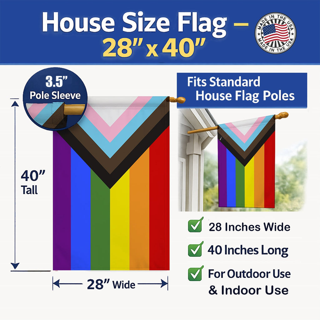 Gay Pride Progress Pride House Flag 28x40 Porch Sleeve Pole Decorative Outside Yard Banner Artwork Wall Hanging, Polyester
