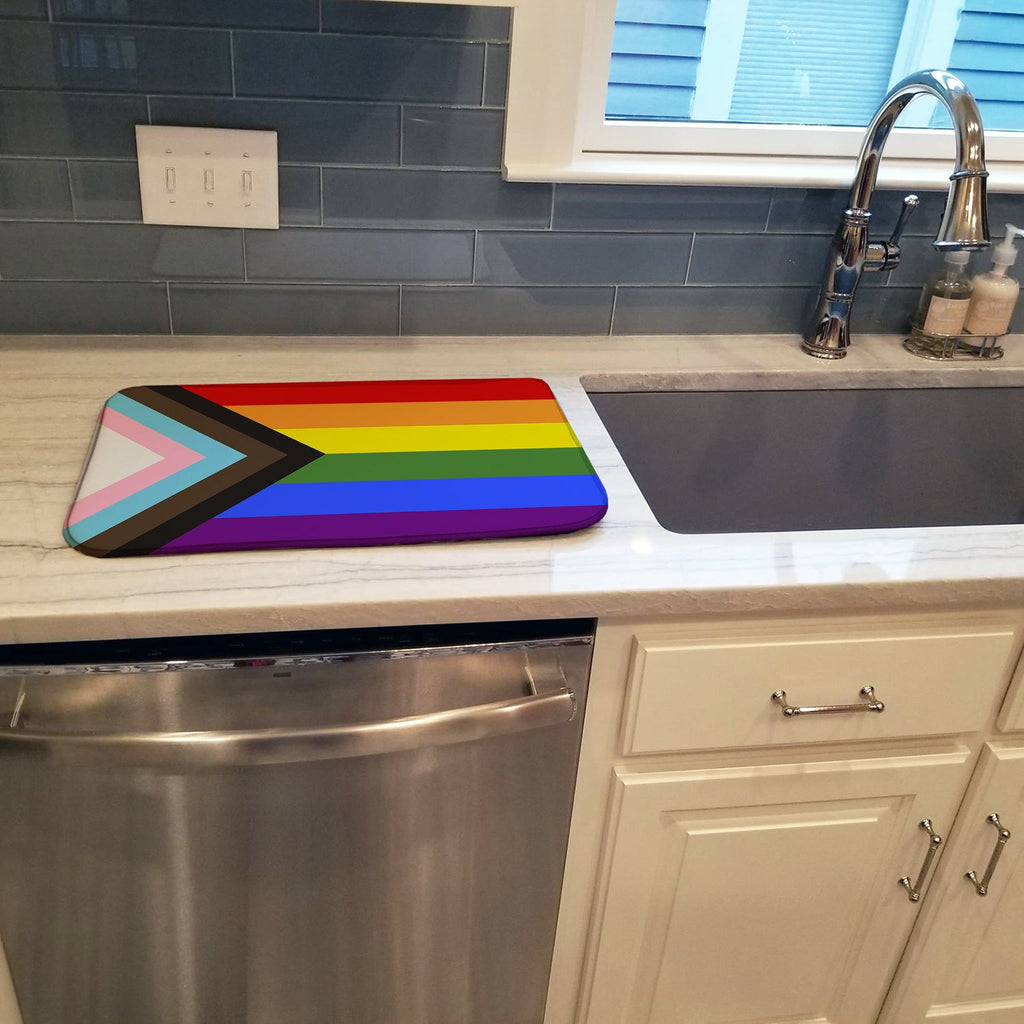 Gay Pride Progress Pride Dish Drying Mat Absorbent Dish Drying Mat Pad for Kitchen Counter Dish Drainer Mat for Countertop, 14 x 21", Multicolor