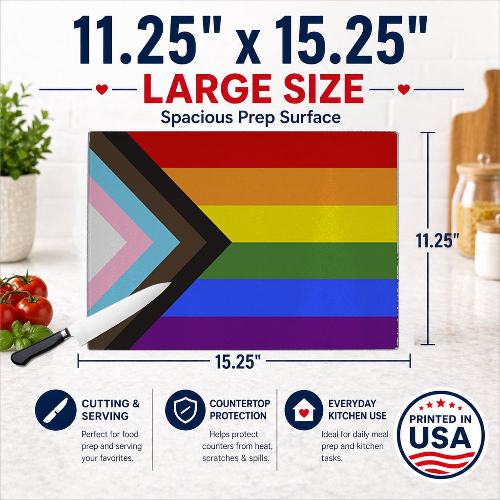 Gay Pride Progress Pride Cutting Board Tempered Glass Kitchen Cutting Surface, Heat Resistant Chopping, Non-Slip Feet, Food Prep & Serving