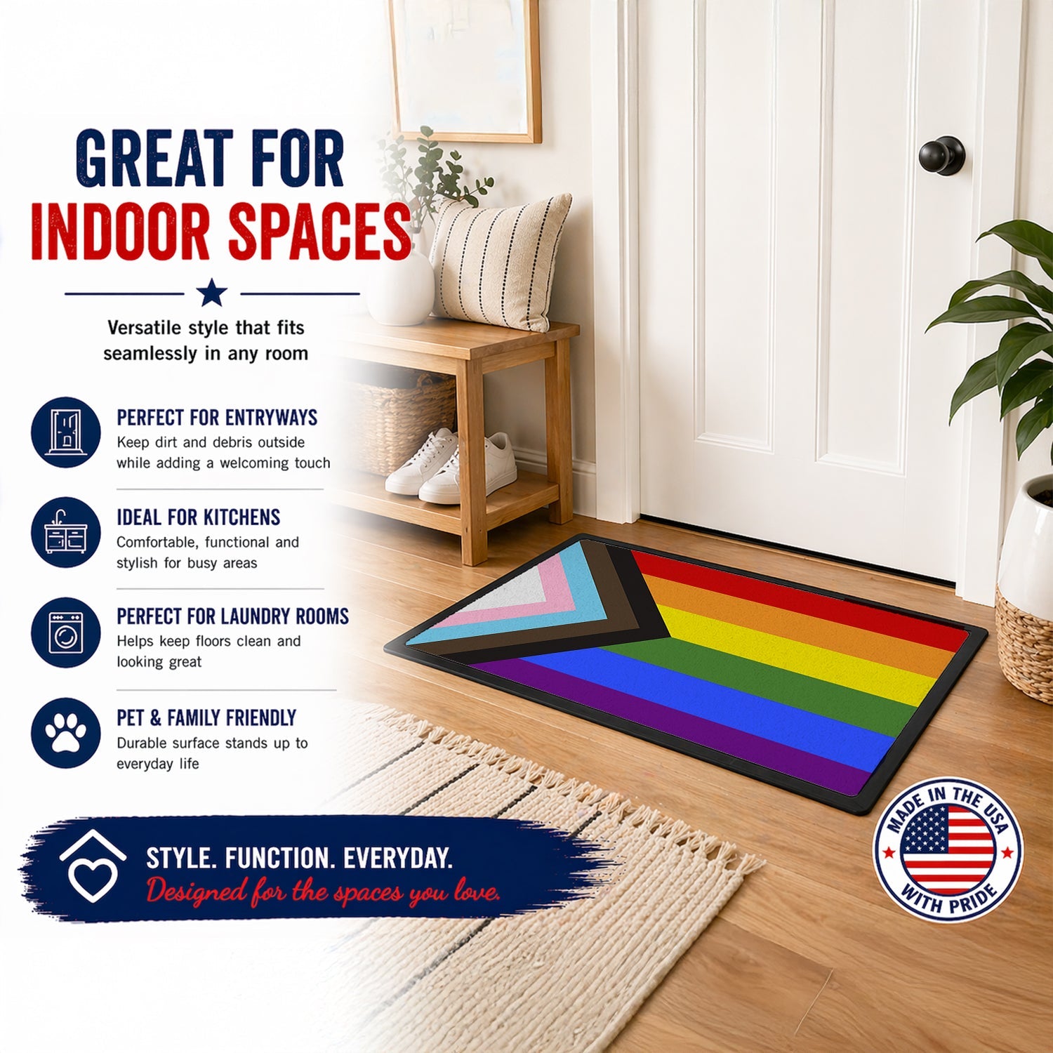 Gay Pride Progress Pride Doormat Indoor Outdoor 18H X 27W Front Door Mat Rugs for Entryway, Non Slip Washable