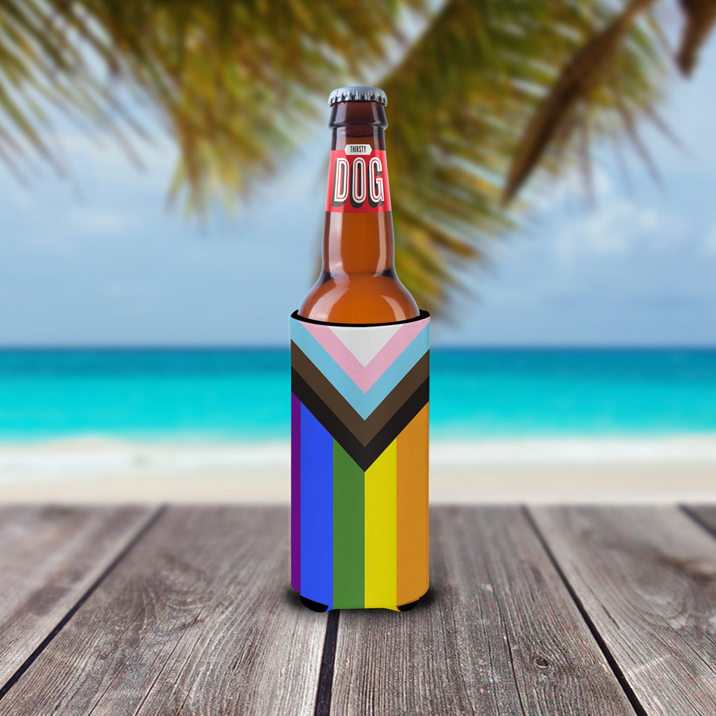 Gay Pride Progress Pride Slim Can Hugger , Insulated Foam Hugger for 12 oz Slim Cans, Beer Bottles & Water Bottles, Printed in USA
