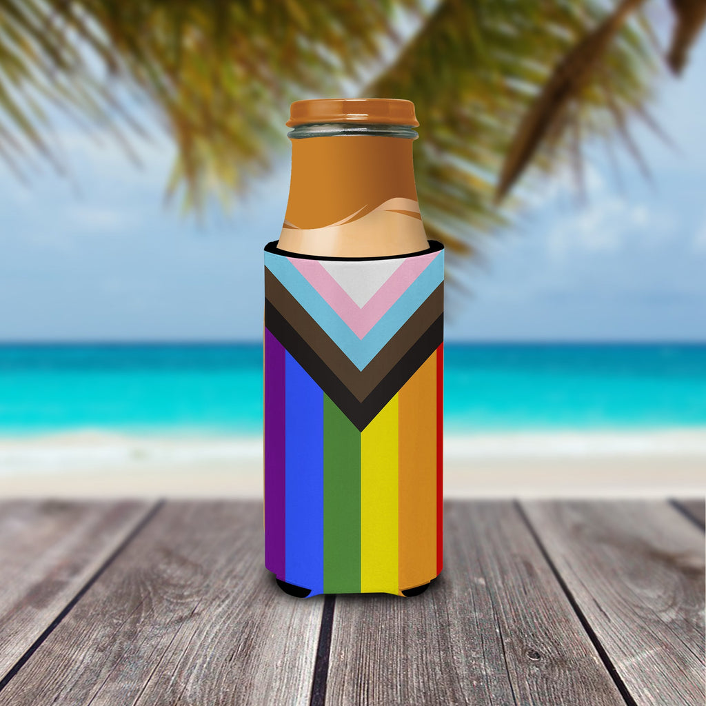 Gay Pride Progress Pride Slim Can Hugger , Insulated Foam Hugger for 12 oz Slim Cans, Beer Bottles & Water Bottles, Printed in USA
