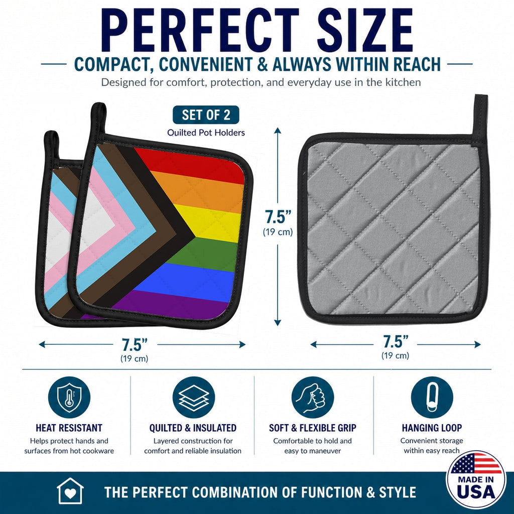 Gay Pride Progress Pride Pot Holder Set of 2 Heat Resistant Quilted Hot Pads 7.5 x 7.5 Inch, Insulated Kitchen Trivets for Cooking & Baking