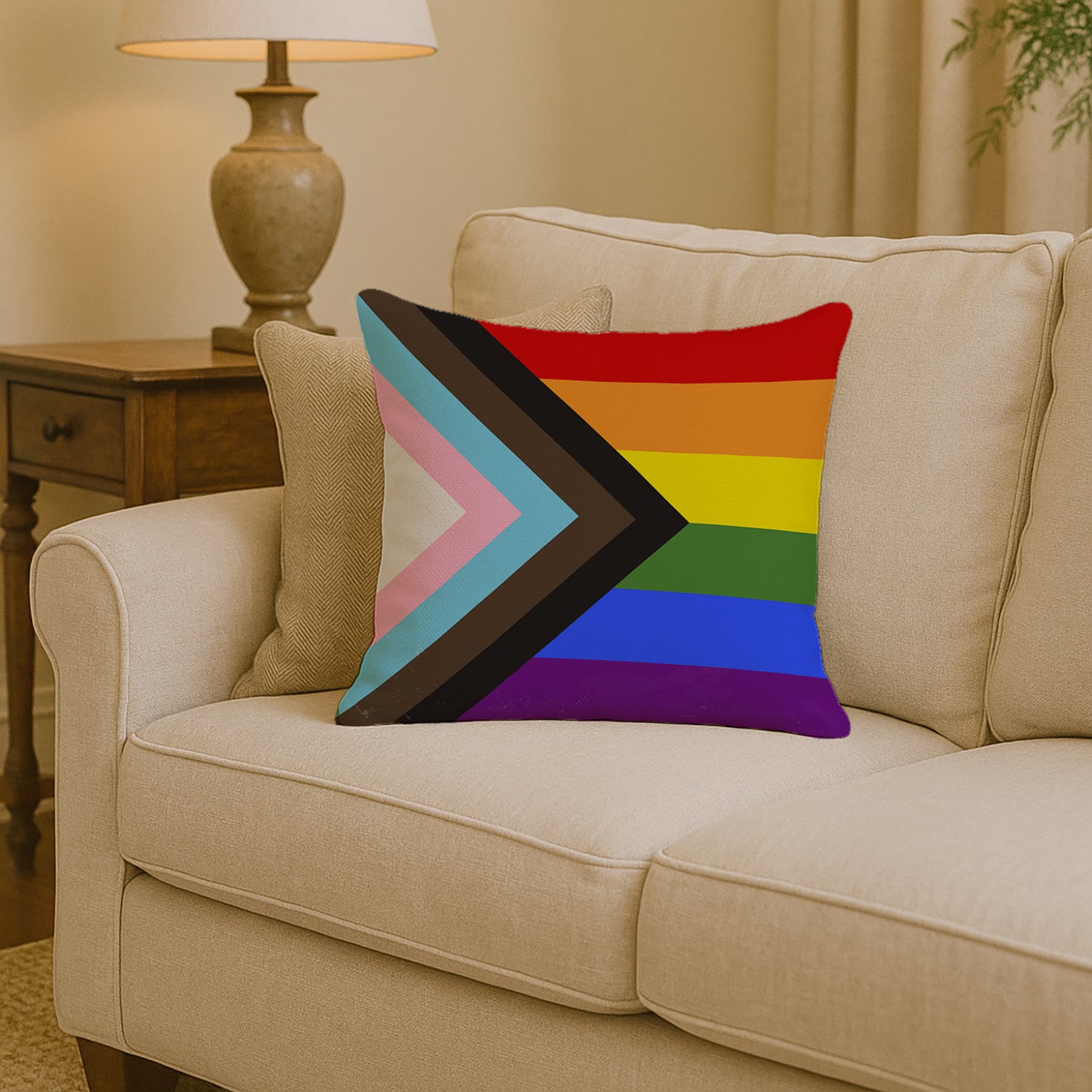 Gay Pride Progress Pride Decorative Throw Pillow 14x14 Indoor Outdoor Accent Cushion, Fabric Cover with Insert for Sofa, Bed, Porch & Living Room