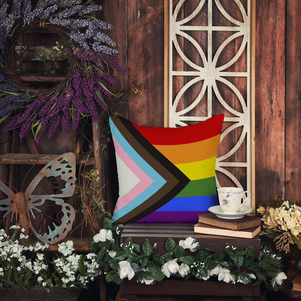 Gay Pride Progress Pride Decorative Throw Pillow 14x14 Indoor Outdoor Accent Cushion, Fabric Cover with Insert for Sofa, Bed, Porch & Living Room