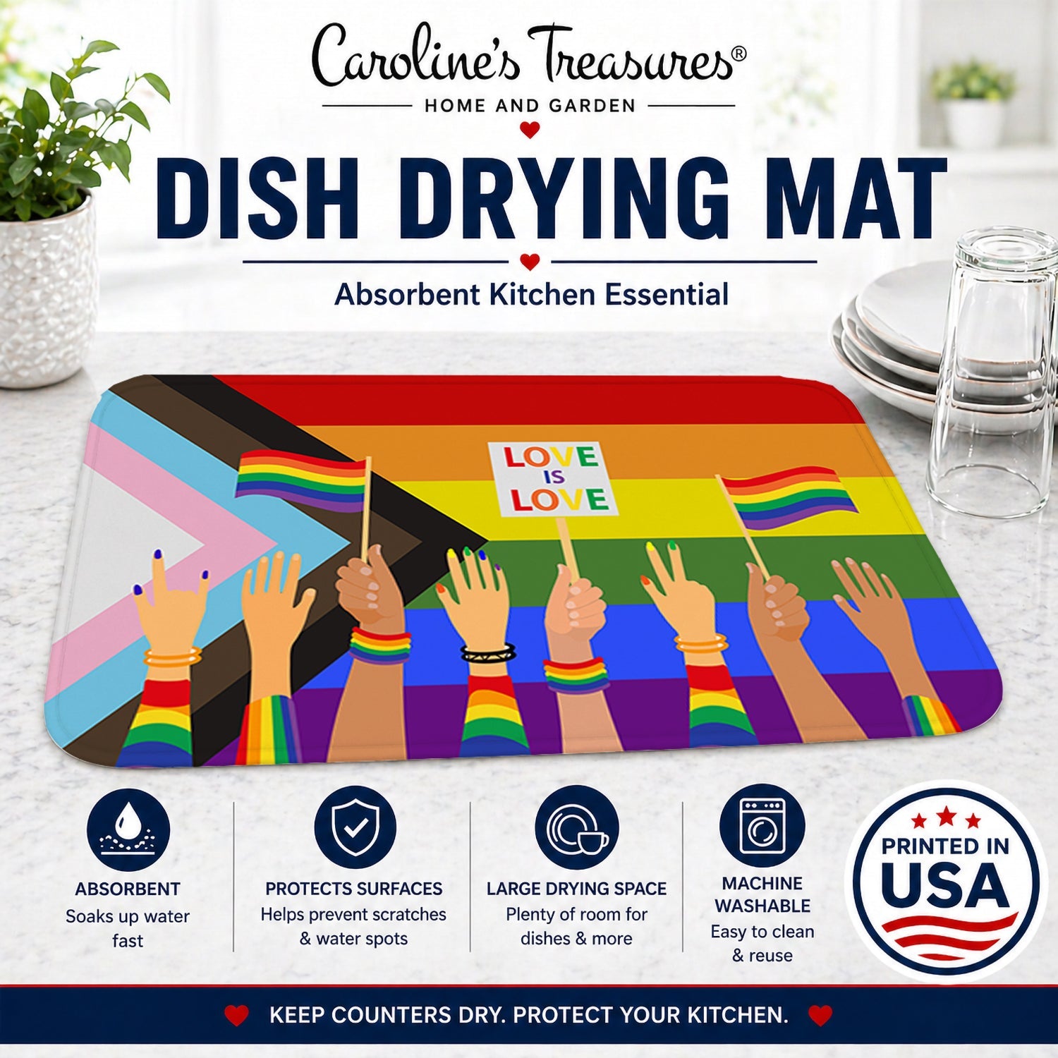 Gay Pride Parade Progress Pride Dish Drying Mat Absorbent Dish Drying Mat Pad for Kitchen Counter Dish Drainer Mat for Countertop, 14 x 21", Multicolor