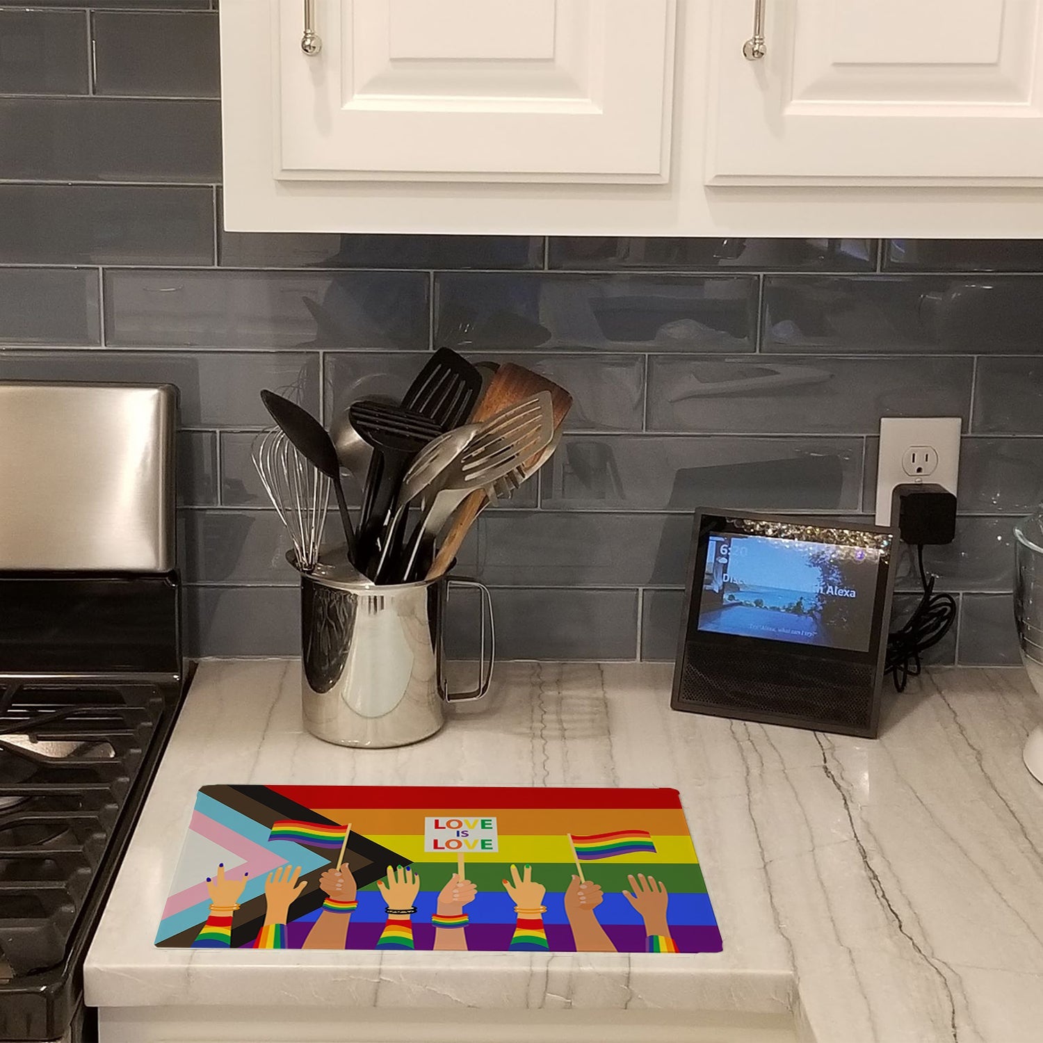 Gay Pride Parade Progress Pride Cutting Board Tempered Glass Kitchen Cutting Surface, Heat Resistant Chopping, Non-Slip Feet, Food Prep & Serving