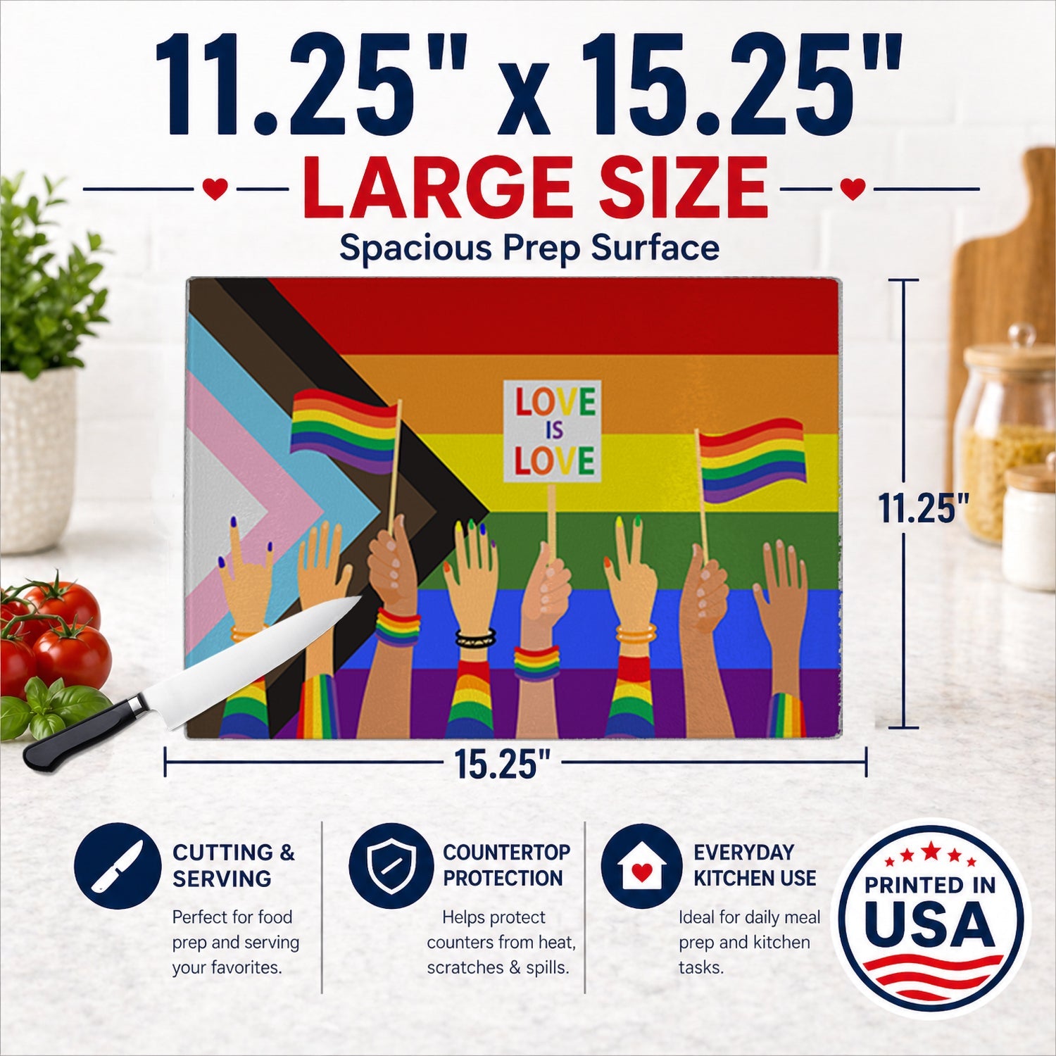 Gay Pride Parade Progress Pride Cutting Board Tempered Glass Kitchen Cutting Surface, Heat Resistant Chopping, Non-Slip Feet, Food Prep & Serving