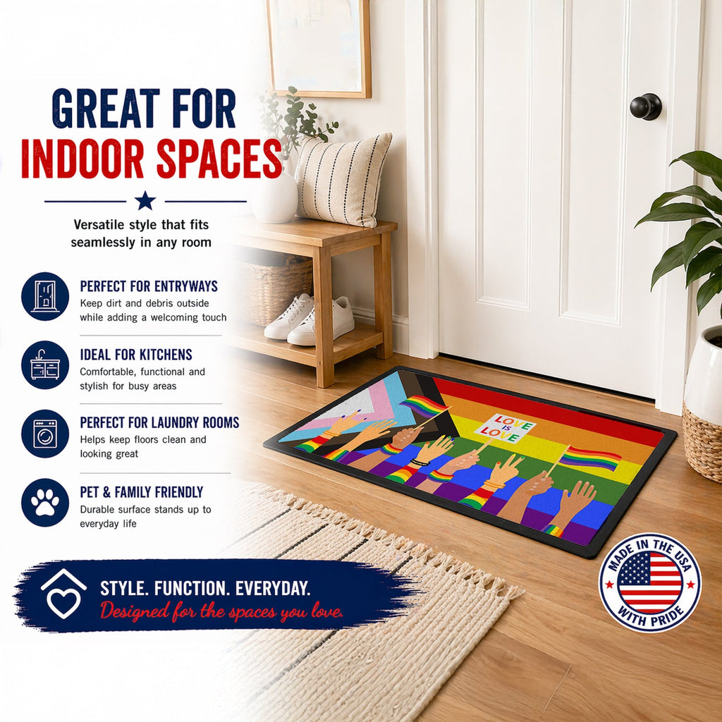 Gay Pride Parade Progress Pride Doormat Indoor Outdoor 18H X 27W Front Door Mat Rugs for Entryway, Non Slip Washable