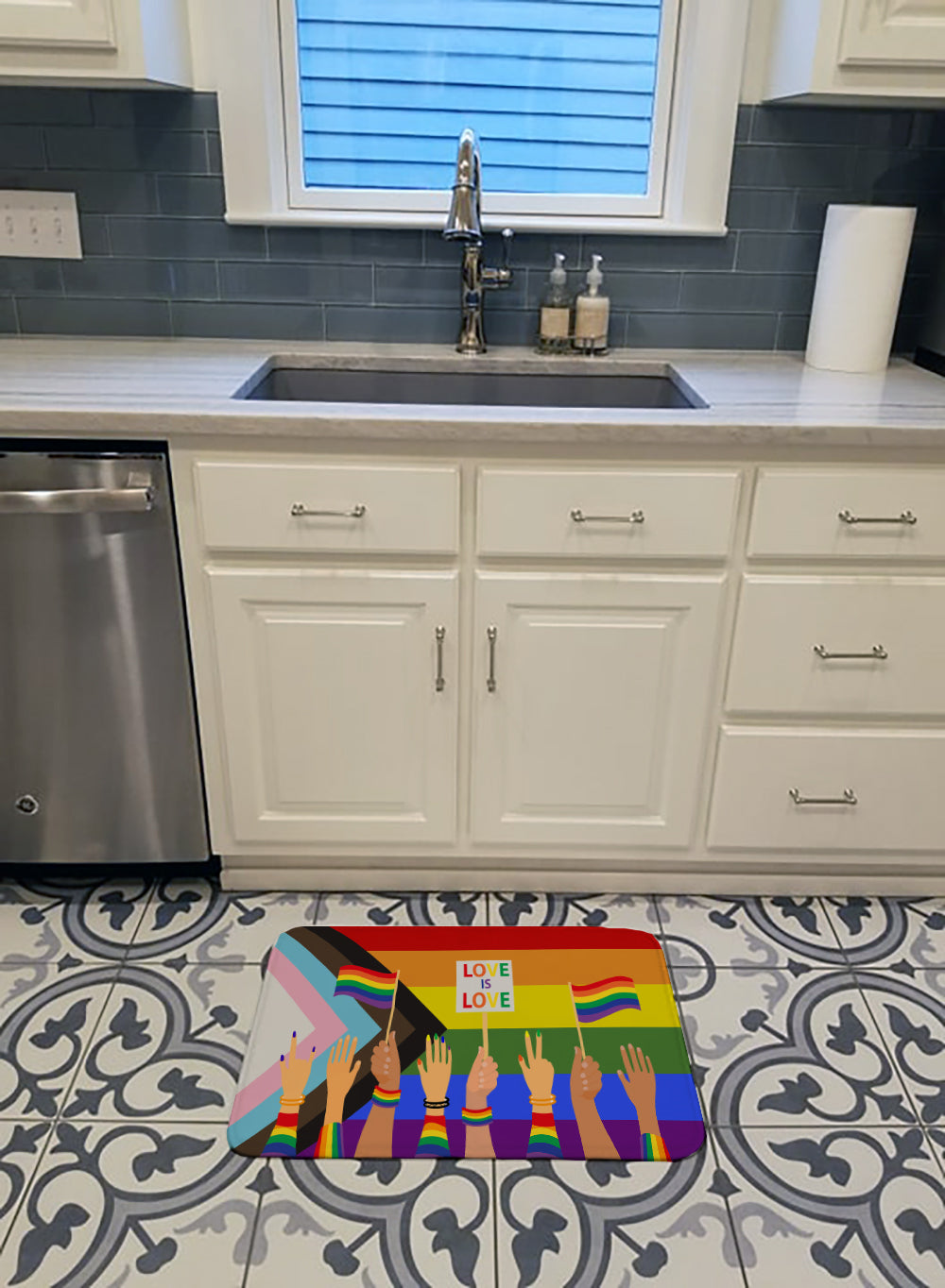 Gay Pride Parade Progress Pride Memory Foam Kitchen Mat Machine Washable Anti-Fatigue Cushion Comfort Bath or Kitchen Rug