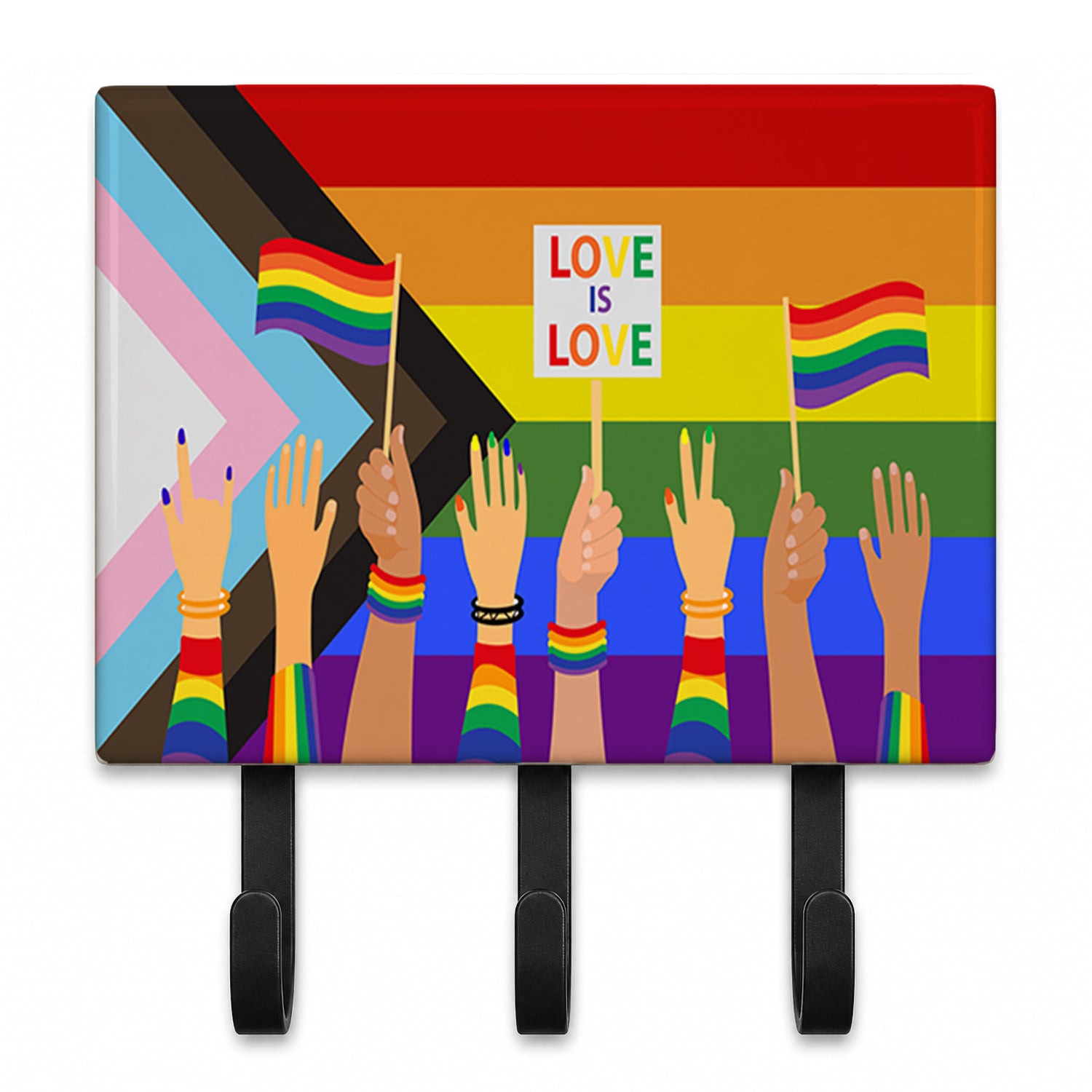 Gay Pride Parade Progress Pride Leash or Key Holder Wall Hooks, Coat Rack Wall Mount, for Hanging Keys, Towels, Aprons, Leashes