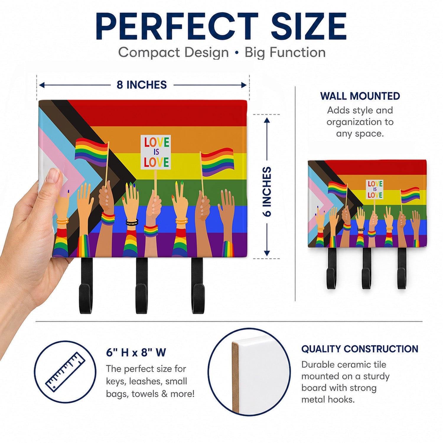 Gay Pride Parade Progress Pride Leash or Key Holder Wall Hooks, Coat Rack Wall Mount, for Hanging Keys, Towels, Aprons, Leashes