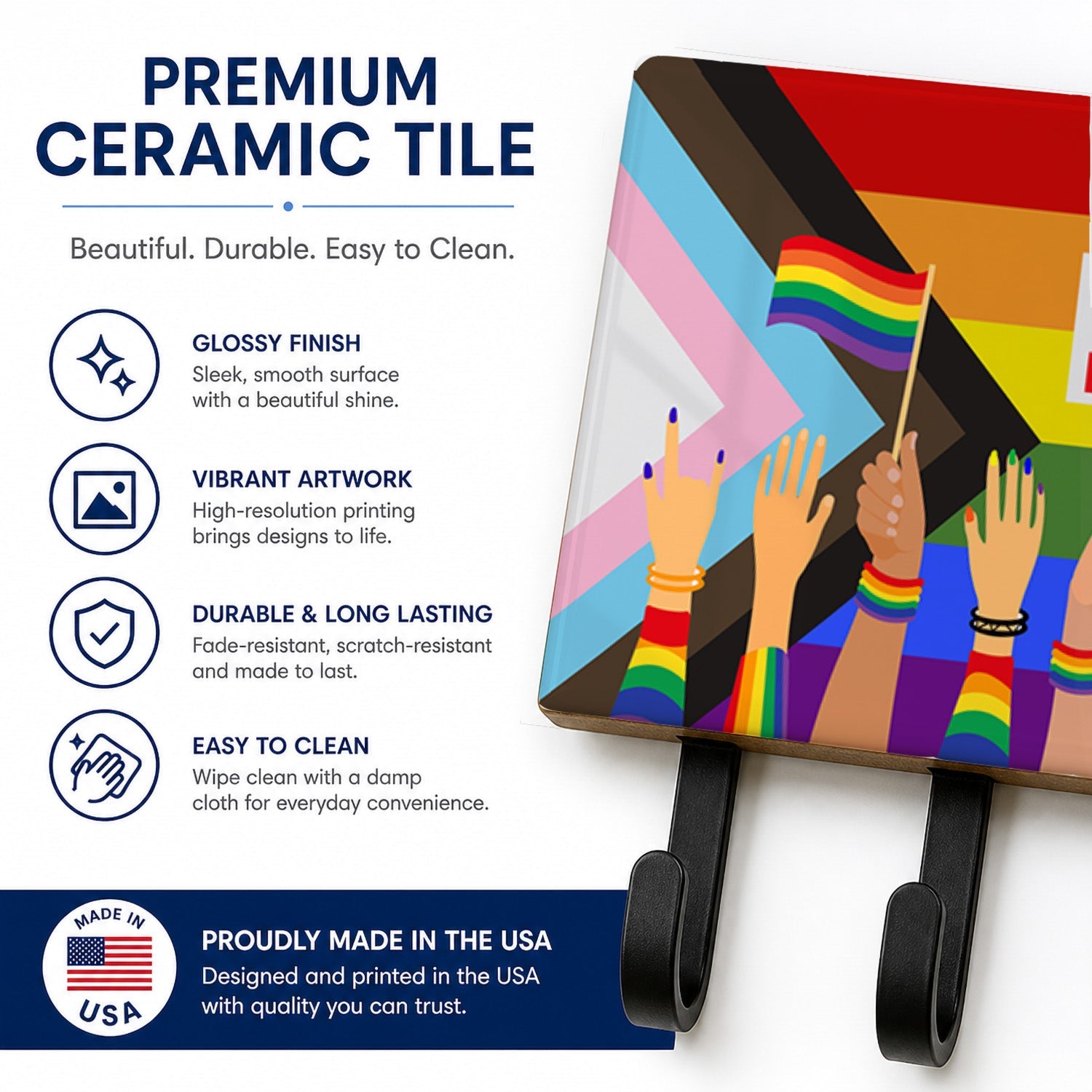 Gay Pride Parade Progress Pride Leash or Key Holder Wall Hooks, Coat Rack Wall Mount, for Hanging Keys, Towels, Aprons, Leashes