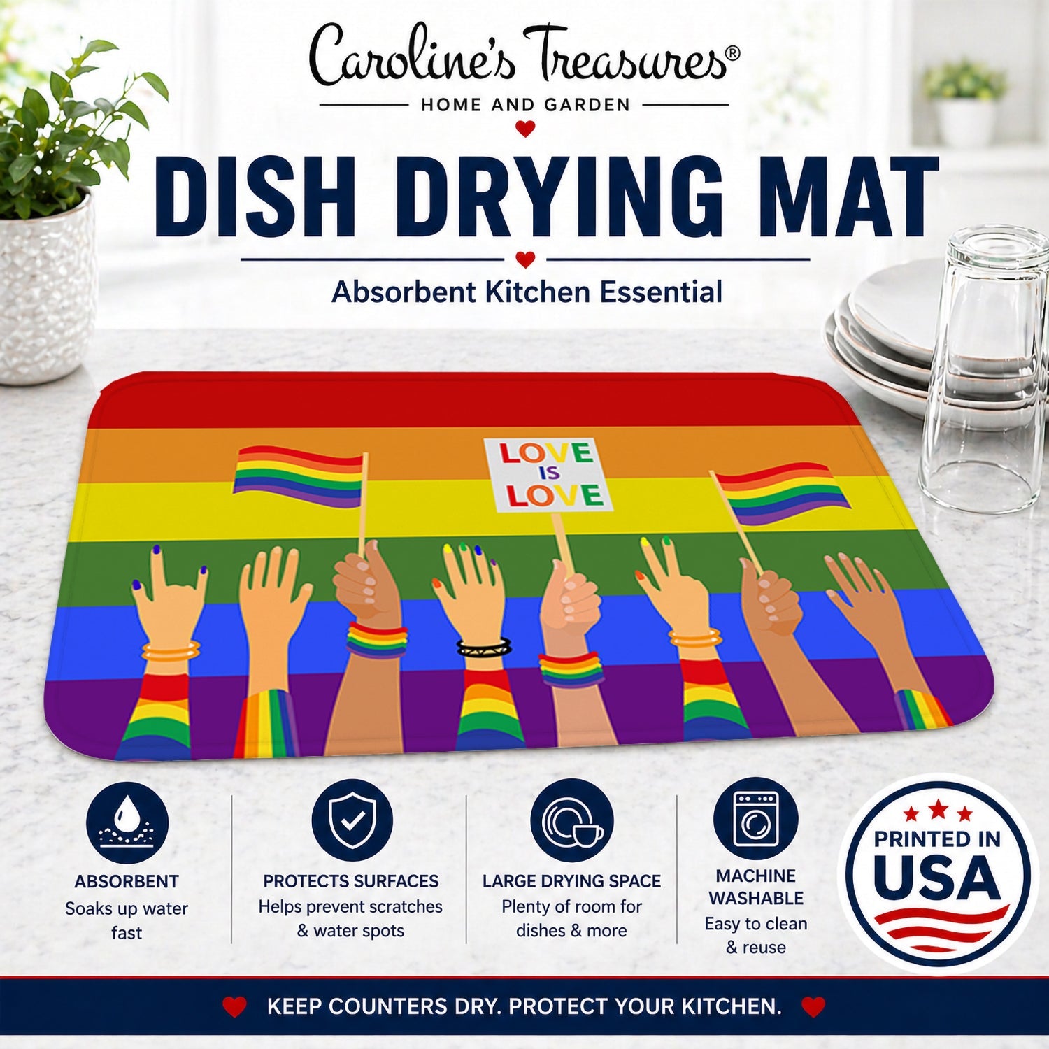 Gay Pride Parade Dish Drying Mat Absorbent Dish Drying Mat Pad for Kitchen Counter Dish Drainer Mat for Countertop, 14 x 21", Multicolor