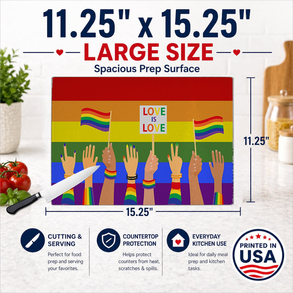 Gay Pride Parade Cutting Board Tempered Glass Kitchen Cutting Surface, Heat Resistant Chopping, Non-Slip Feet, Food Prep & Serving