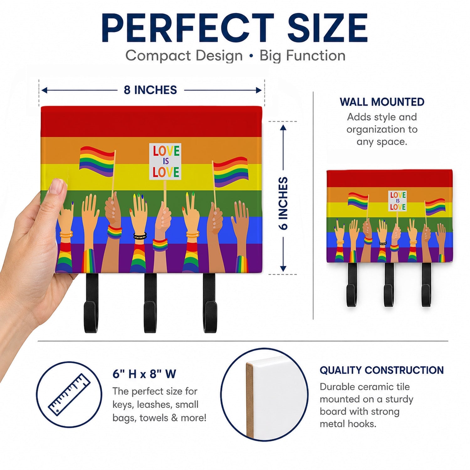 Gay Pride Parade Leash or Key Holder Wall Hooks, Coat Rack Wall Mount, for Hanging Keys, Towels, Aprons, Leashes