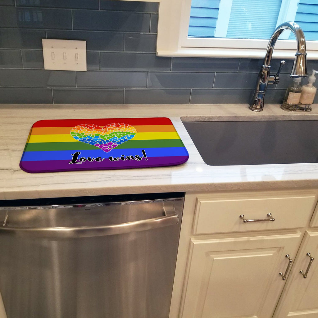 Gay Pride Love Wins Mosaic Heart Dish Drying Mat Absorbent Dish Drying Mat Pad for Kitchen Counter Dish Drainer Mat for Countertop, 14 x 21", Multicolor