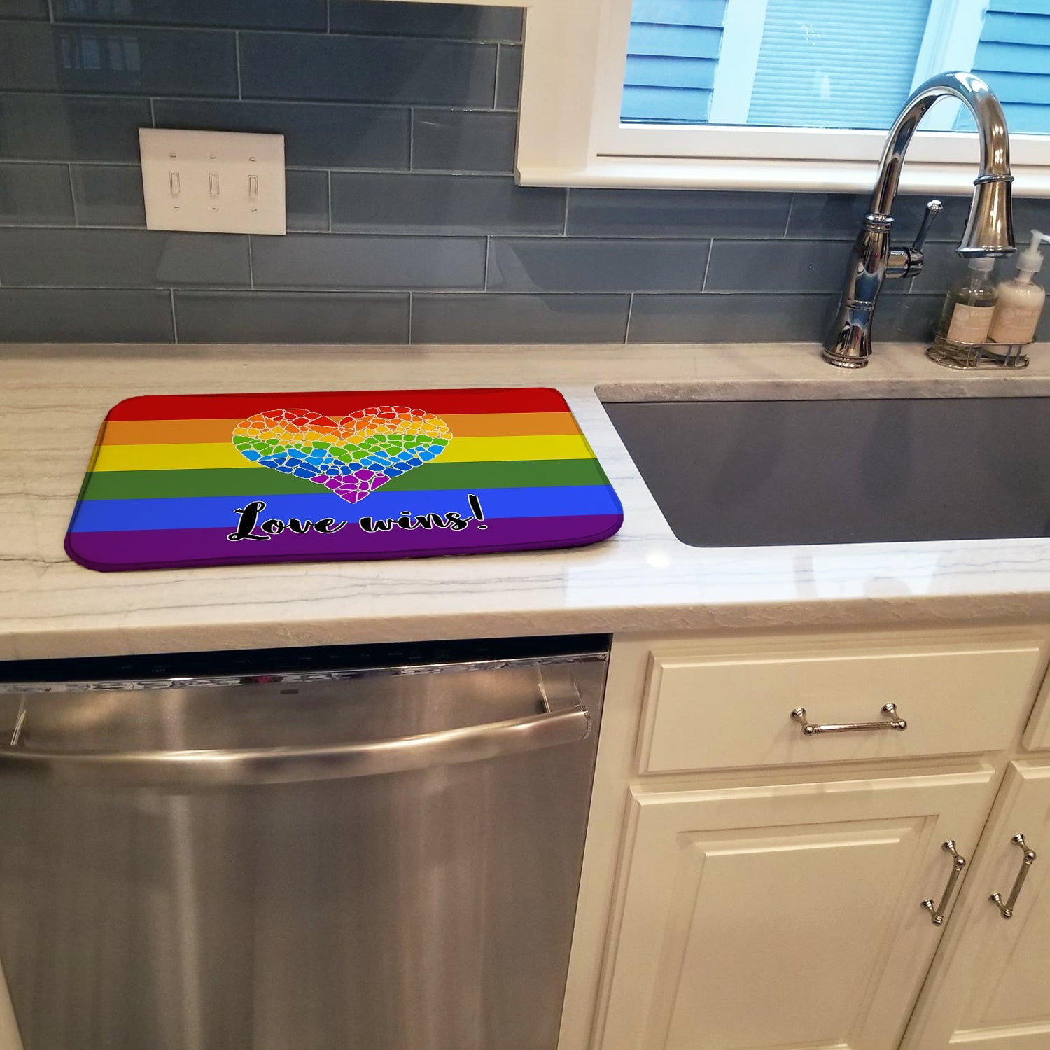 Gay Pride Love Wins Mosaic Heart Dish Drying Mat Absorbent Dish Drying Mat Pad for Kitchen Counter Dish Drainer Mat for Countertop, 14 x 21", Multicolor