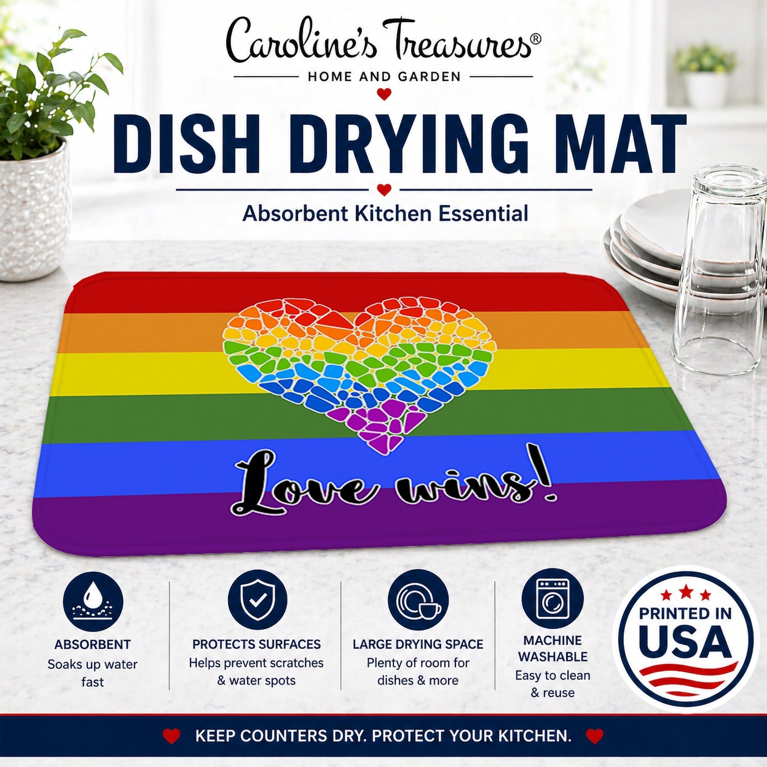 Gay Pride Love Wins Mosaic Heart Dish Drying Mat Absorbent Dish Drying Mat Pad for Kitchen Counter Dish Drainer Mat for Countertop, 14 x 21", Multicolor