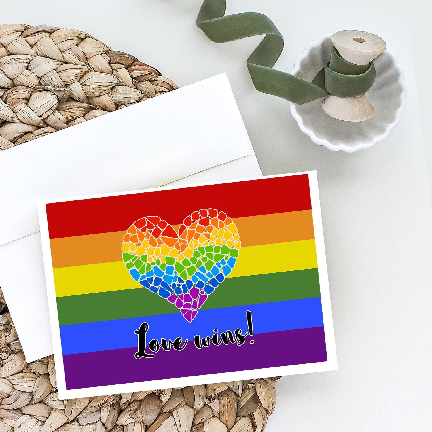 Gay Pride Love Wins Mosaic Heart Greeting Cards Pack of 8 Blank Cards with Envelopes Whimsical A7 Size 5x7