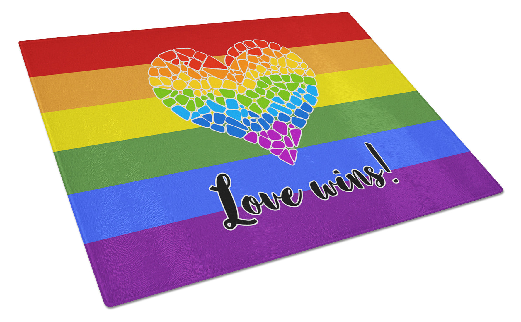 Gay Pride Love Wins Mosaic Heart Cutting Board Tempered Glass Kitchen Cutting Surface, Heat Resistant Chopping, Non-Slip Feet, Food Prep & Serving
