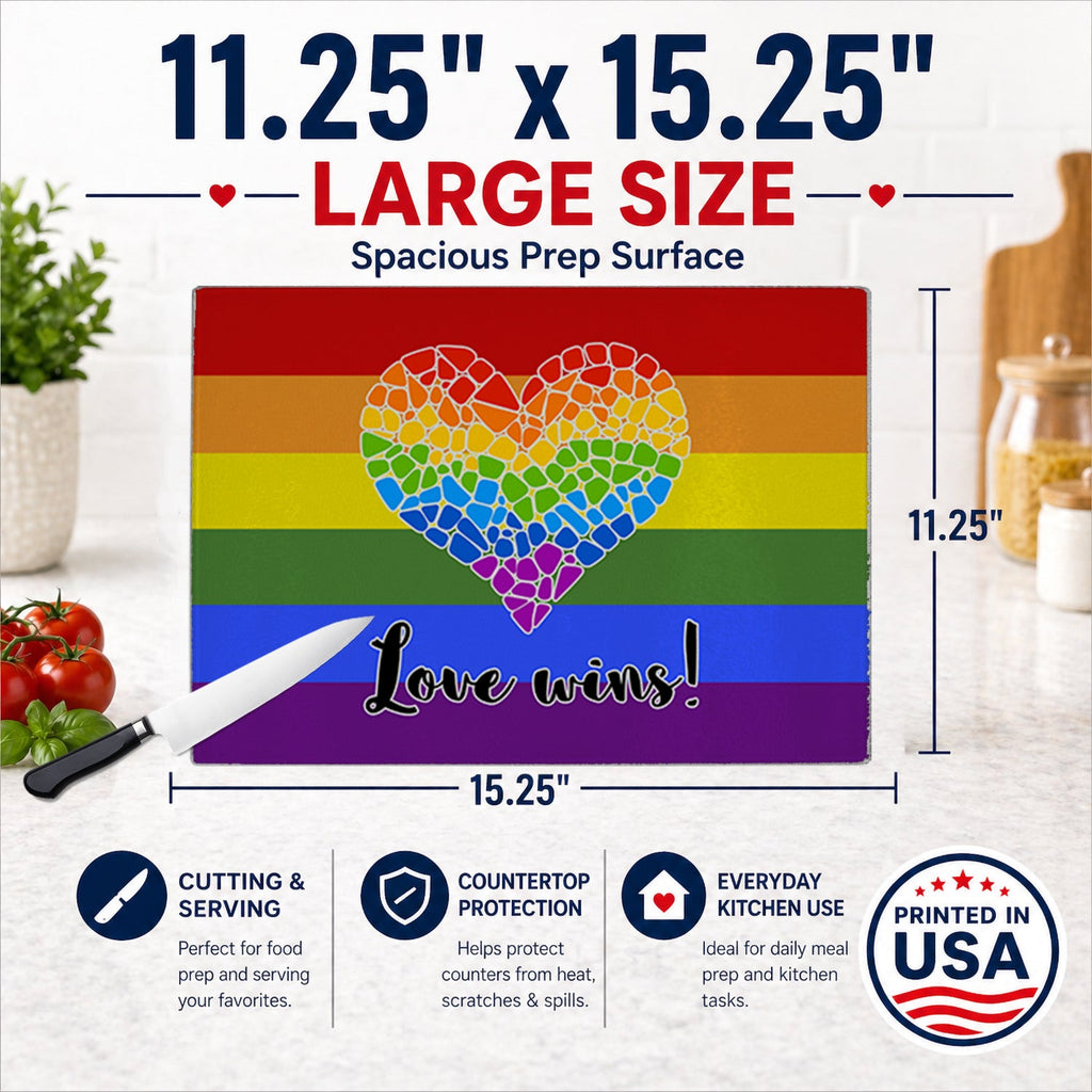 Gay Pride Love Wins Mosaic Heart Cutting Board Tempered Glass Kitchen Cutting Surface, Heat Resistant Chopping, Non-Slip Feet, Food Prep & Serving