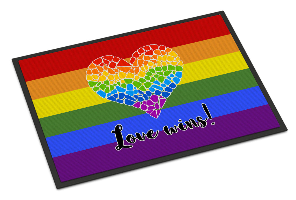 Gay Pride Love Wins Mosaic Heart Doormat Indoor Outdoor 18H X 27W Front Door Mat Rugs for Entryway, Non Slip Washable
