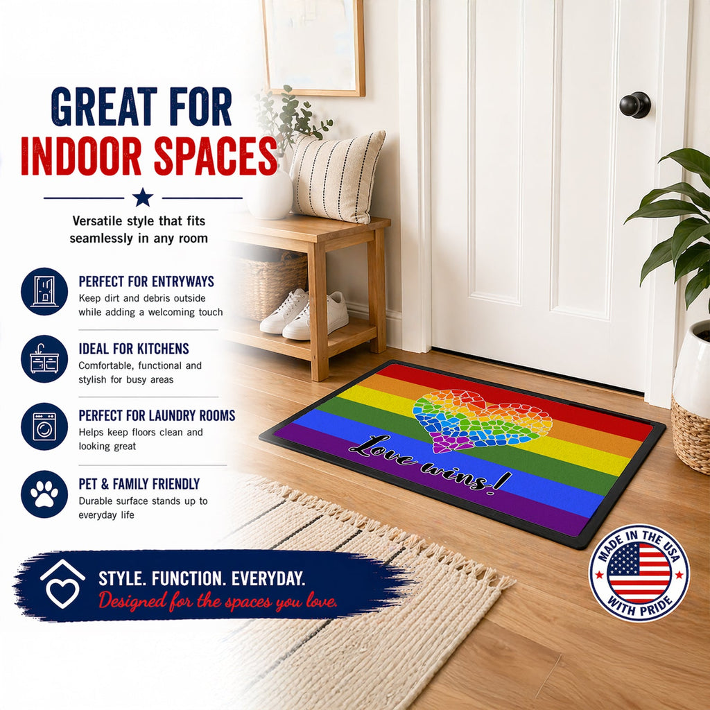 Gay Pride Love Wins Mosaic Heart Doormat Indoor Outdoor 18H X 27W Front Door Mat Rugs for Entryway, Non Slip Washable