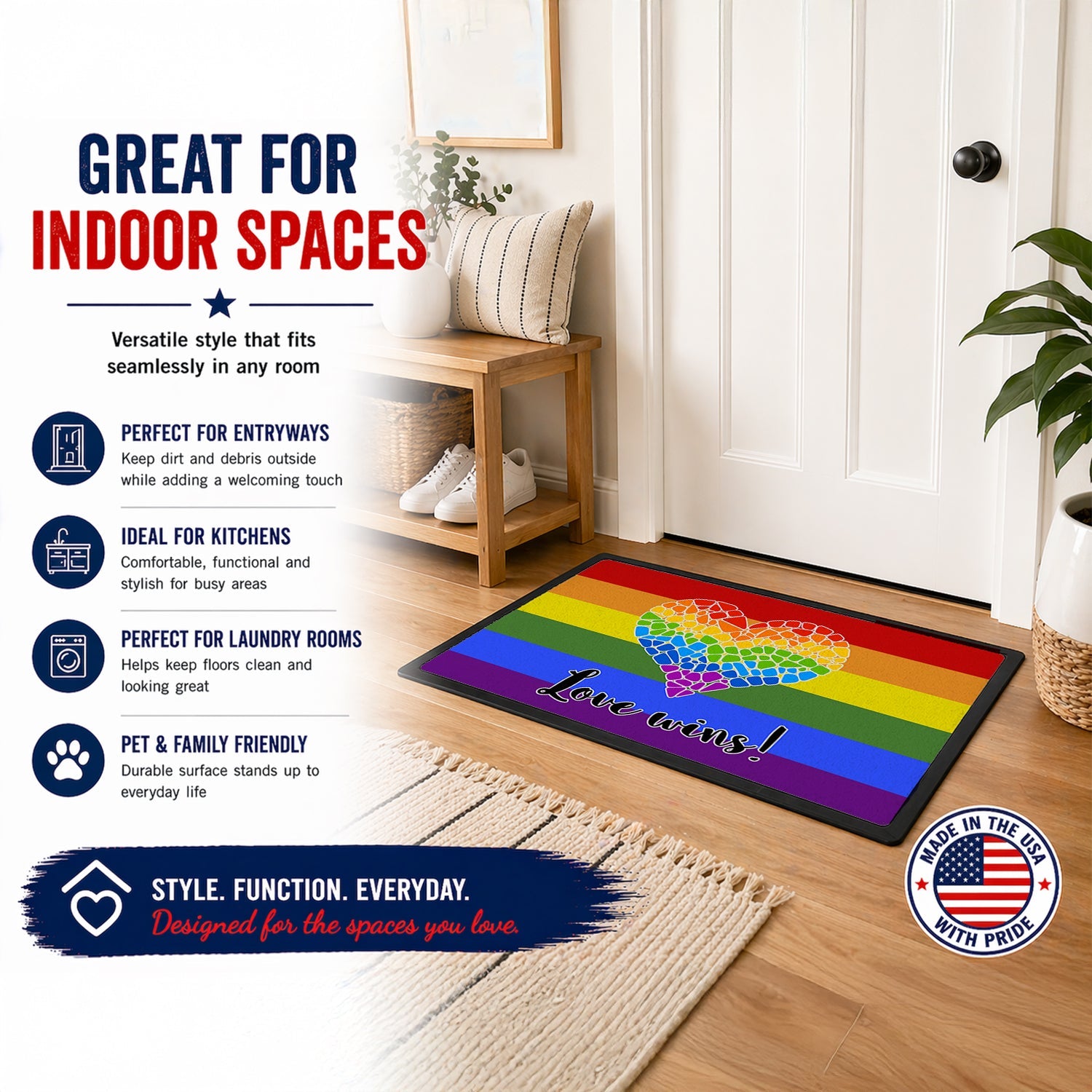 Gay Pride Love Wins Mosaic Heart Doormat Indoor Outdoor 18H X 27W Front Door Mat Rugs for Entryway, Non Slip Washable