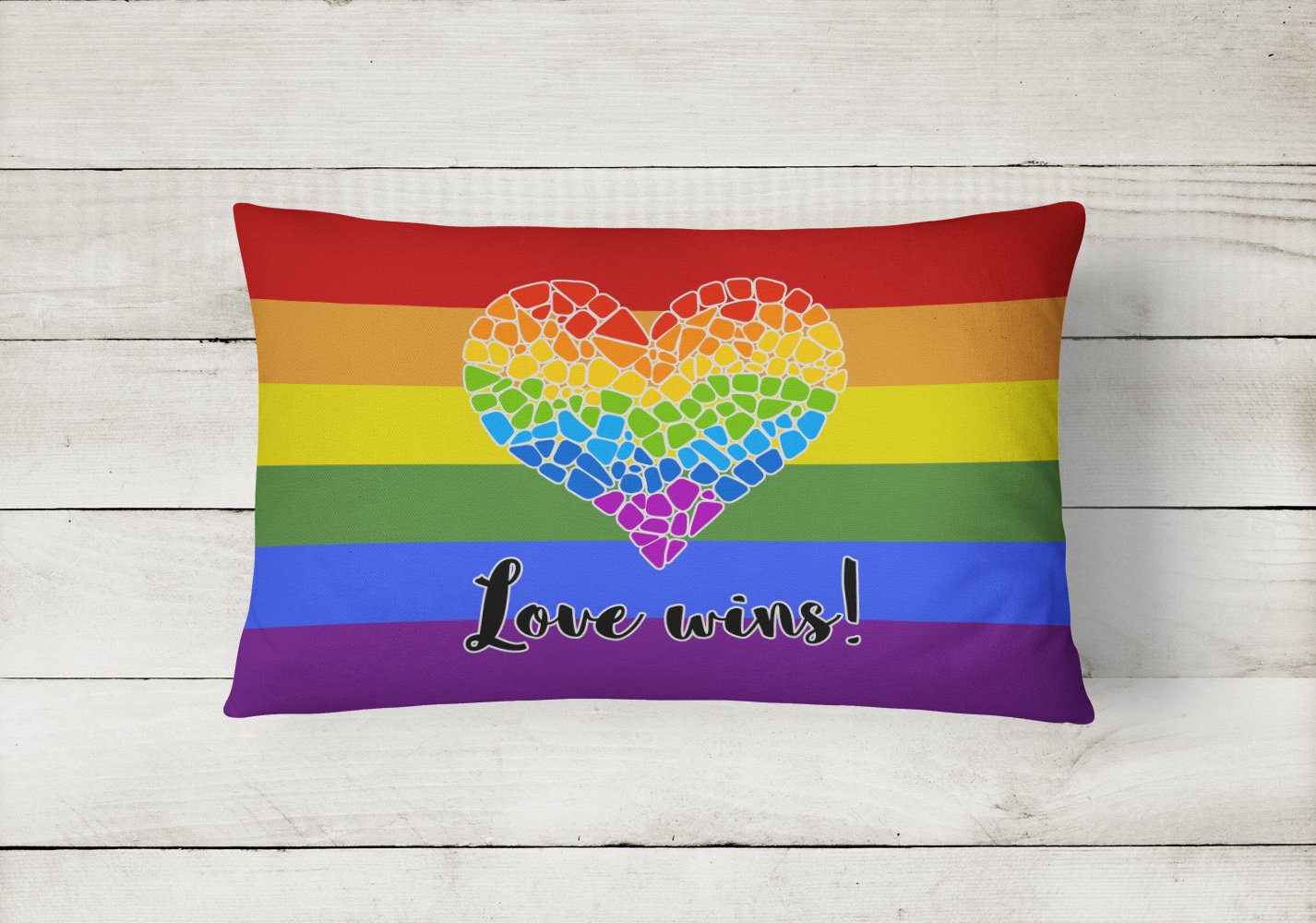 Gay Pride Love Wins Mosaic Heart Decorative Throw Pillow 12x16 Indoor Outdoor Accent Cushion, Fabric Cover with Insert for Sofa, Bed, Porch & Living Room