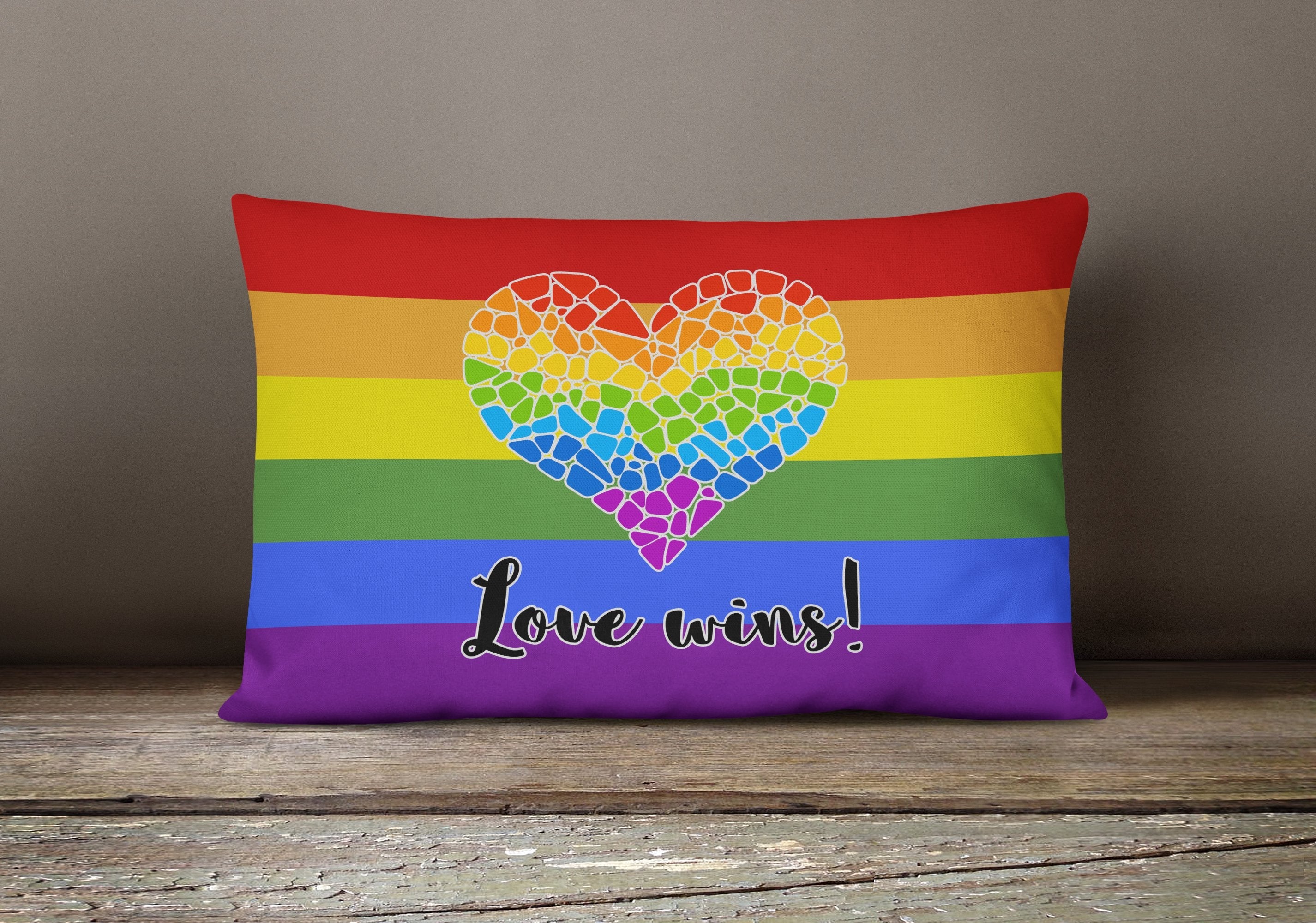 Gay Pride Love Wins Mosaic Heart Decorative Throw Pillow 12x16 Indoor Outdoor Accent Cushion, Fabric Cover with Insert for Sofa, Bed, Porch & Living Room