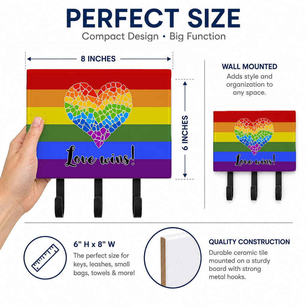 Gay Pride Love Wins Mosaic Heart Leash or Key Holder Wall Hooks, Coat Rack Wall Mount, for Hanging Keys, Towels, Aprons, Leashes