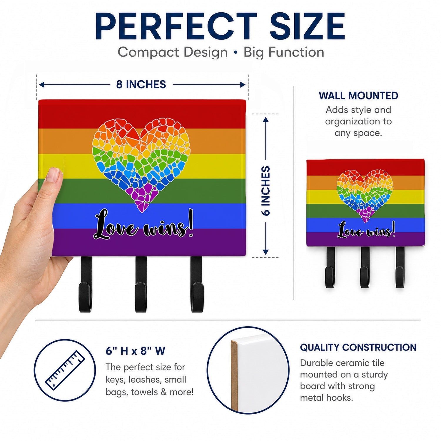 Gay Pride Love Wins Mosaic Heart Leash or Key Holder Wall Hooks, Coat Rack Wall Mount, for Hanging Keys, Towels, Aprons, Leashes