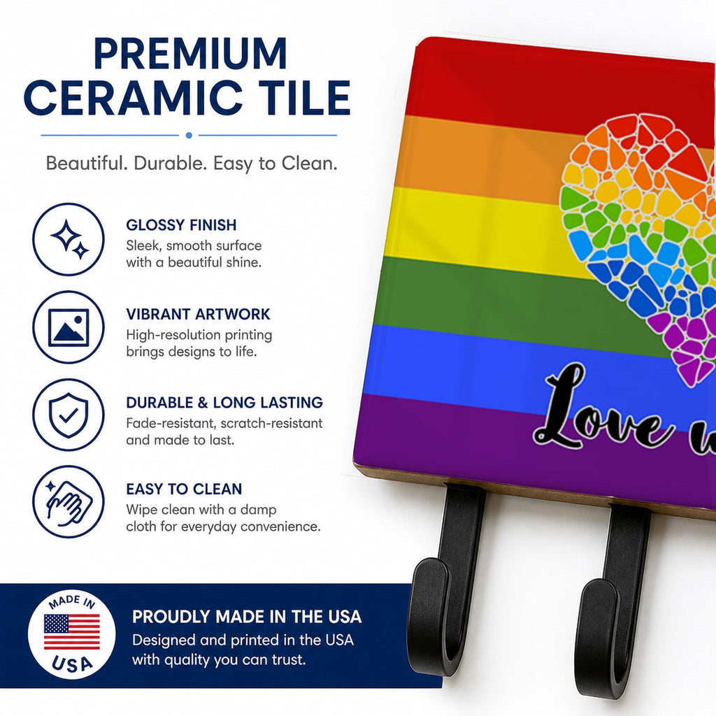 Gay Pride Love Wins Mosaic Heart Leash or Key Holder Wall Hooks, Coat Rack Wall Mount, for Hanging Keys, Towels, Aprons, Leashes