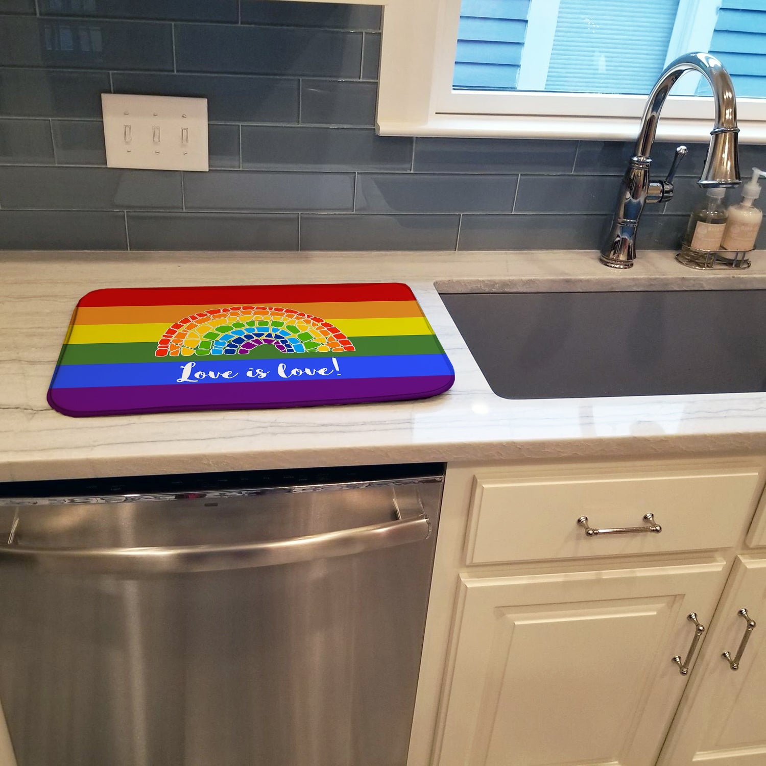 Gay Pride Love is Love Mosaic Rainbow Dish Drying Mat Absorbent Dish Drying Mat Pad for Kitchen Counter Dish Drainer Mat for Countertop, 14 x 21", Multicolor