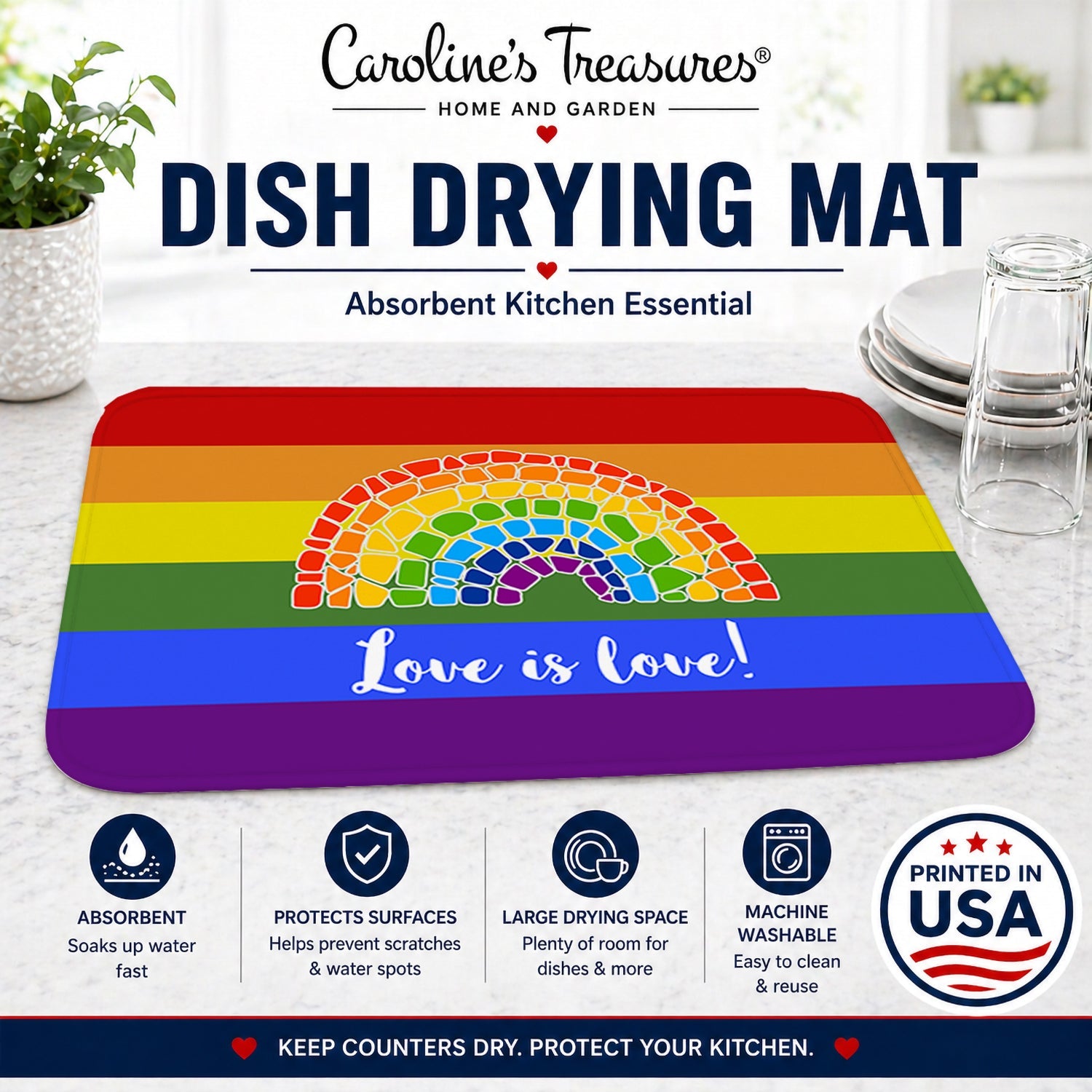 Gay Pride Love is Love Mosaic Rainbow Dish Drying Mat Absorbent Dish Drying Mat Pad for Kitchen Counter Dish Drainer Mat for Countertop, 14 x 21", Multicolor