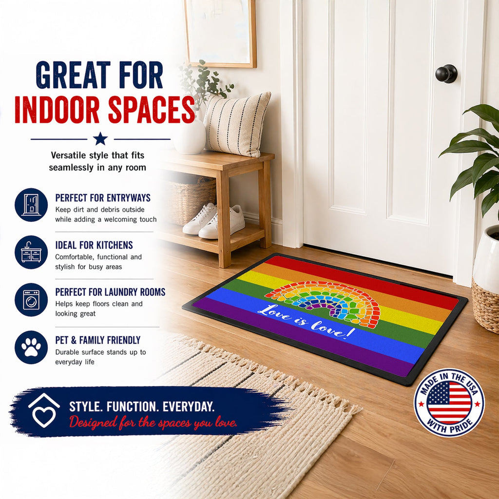Gay Pride Love is Love Mosaic Rainbow Doormat Indoor Outdoor 24H X 36W Front Door Mat Rugs for Entryway, Non Slip Washable Low Pile,